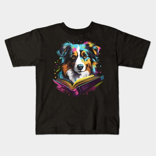 Australian Shepherd Reads Book Kids T-Shirt by JH Mart